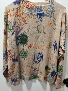 Beige Multicolor Scribble Print Long Sleeve Tee